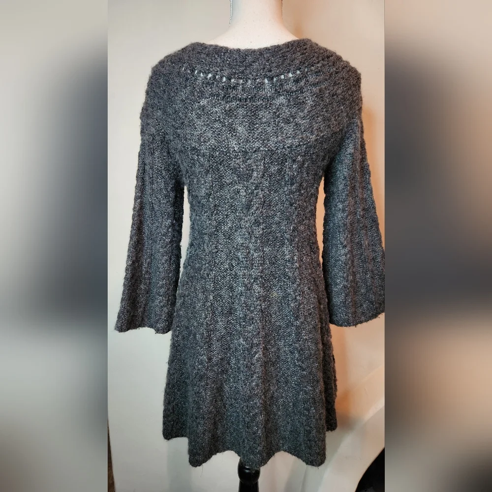 Free People Wool Chunky Cable Knit Gray Bell Sleeve Winter Mini Dress | Small - Picture 4 of 9